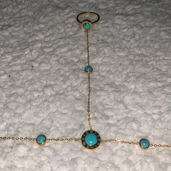 Turquoise and Gold Roman Numeral Hand Chain - Picture 16 of 17